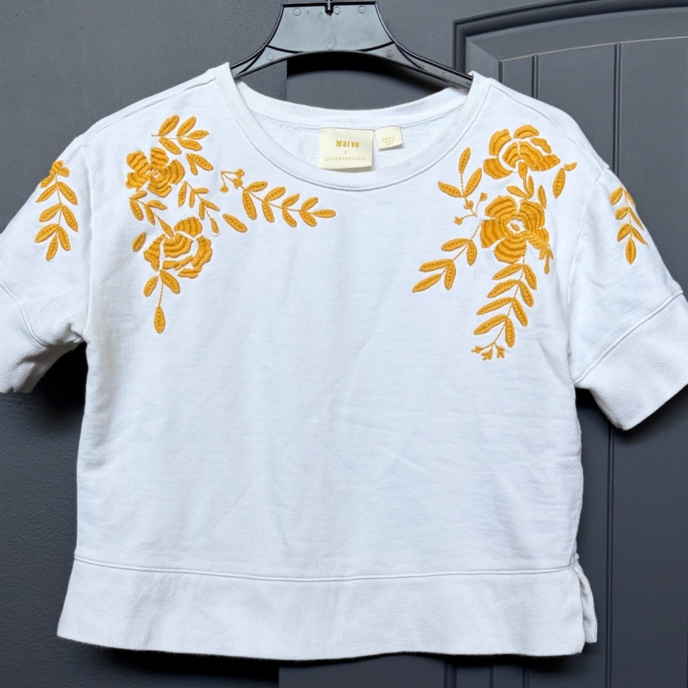 Maeve by Anthropologie Cropped Sweatshirt with Yellow Floral Embroidery